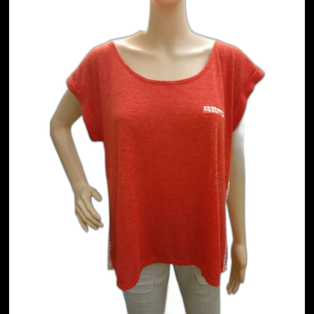 Xhileration Woman Shirt Size L Orange Short Sleeve Geometric Lightweight Sheer